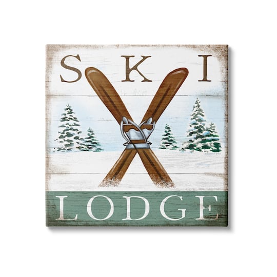 Stupell Industries Ski Lodge Rustic Cabin Sign Snowy Tree Forest Canvas Wall Art